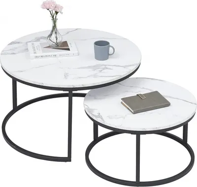 Produktbild von Couchtisch Rund 2er Set, Wohnzimmertisch, Marmor Optik - 80 cm und 60 cm