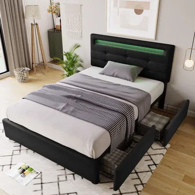 Obrázek produktu pro MODFU čalouněné postele 90 x 200 cm rám jednolůžka s LED osvětlením a 2 zásuvkami (bez matrace), černá