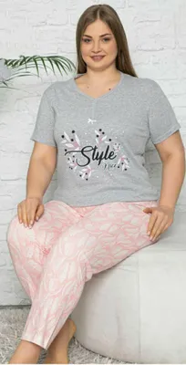 Produktbild von Damen Große Größen Pyjama Grau 3XL Kurz Baumwolle Schlafanzug 2-Teiler Set L-93