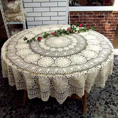 Produktbild von Tischdecke rund 180 cm Baumwolle Häkelspitze Beige Vintage gewebt Esstisch Küche