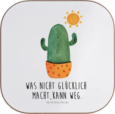 Produktbild von Mr. & Mrs. Panda Tischuntersetzer Kaktus Sonne - Weiß - Geschenk, gläseruntersetzer, Liebeskummer, Freundin, eckiger untersetzer, Geschenkidee, Coaster, Motivation
