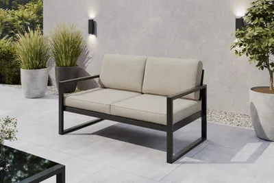 Produktbild von Margaret Hadas24 Gartensofa 2 Sitzer Outdoor Madera Lounge Couch Terrasse wetterfest Balkonmöbel Sitzbank mit Lehne, Gartenmöbel schwarz, ecru