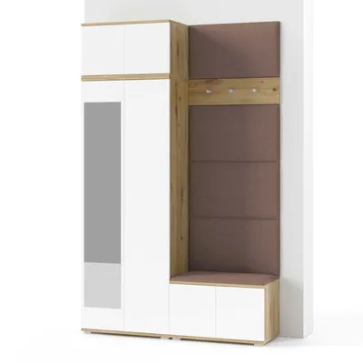 Produktbild von Garderoben-Set Aura Version 2: Kleiderschrank mit Polsterpaneelen, Schuhschrank Flur und Eingangsbereich (weiß/Artisan-Eiche /Trinity 06)