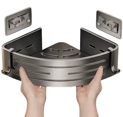 Produktbild von Duschregal Eckablage - Befestigung durch Klebestreifen - Duschregal - Aluminium Grau mit 2 Hakenleiste - Selbstklebend - Kein Bohren erforderlich