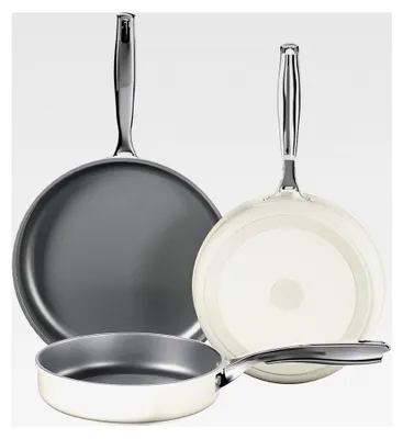 Produktbild von Pfannenset, Keramikpfannen 20, 24 und 28 cm, mit Edelstahlgriffen, Bratpfannen für Induktion, beschichtet, ohne PTFE und , spülmaschinenfest, backofenfest, beige