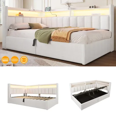 Image de Lit avec coffre à l'hydraulique, éclairage LED, ports USB, table de chevet intégrée, revêtement en velours crème, dimensions 90x200 cm