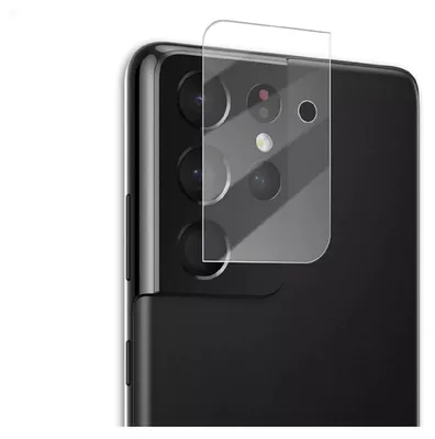 A clear protective glass screen protector is shown being applied to the camera lens array of a black smartphone.