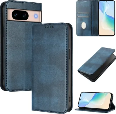 Produktbild von Handyhülle für Google Pixel 8A, Vintage Leder RFID Schutz Kartenfach Standfunktion Magnetische Klapphülle Blau