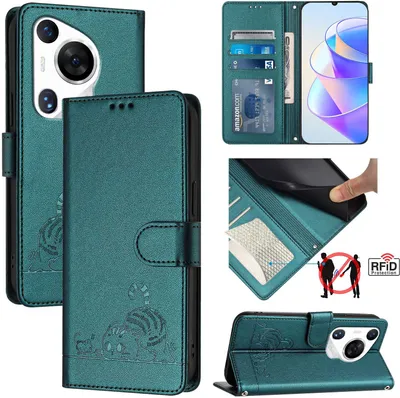 Produktbild von Leder Hülle für Huawei Pura 70 Pro Süße Katze Flip Case Brieftasche Schutzhülle mit Standfunktion Grün
