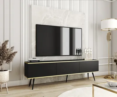 Produktbild von Moderner TV-Schrank mit Push-to-Open-Türen, stehend, Selbstmontage, schwarze Laminatplatte, Wandbefestigung empfohlen – TV-SCHRANK BLUM ORO SCHWARZ 175 BEINE SCHWARZ
