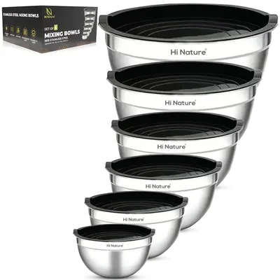 Produktbild von HI NATURE™ Rührschüssel Set mit Deckel Edelstahl – 6-teiliges Edelstahl Rührschüssel Set mit Deckel – Schüsselset rutschfest & stapelbar