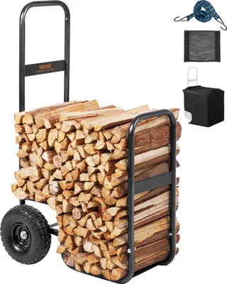 A firewood cart loaded with logs, along with accessories, on a white background.