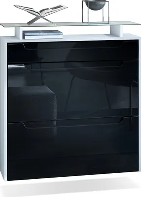 Produktbild von Vladon Schuhschrank Annie, Schuhkipper für 16 Paar Schuhe mit 2 Klappen, 1 Schublade und Glasablage, Weiß matt/Schwarz Hochglanz, Griffmulden in Schwarz Hochglanz (89 x 96 x 23 cm)