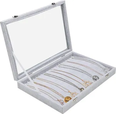 Immagine prodotto di Scatola portagioie Unyqoos® grigia in velluto con finestra trasparente in vetro apribile – 20 ganci, dimensioni 35,4 x 24,4 x 4,8 cm, impilabile