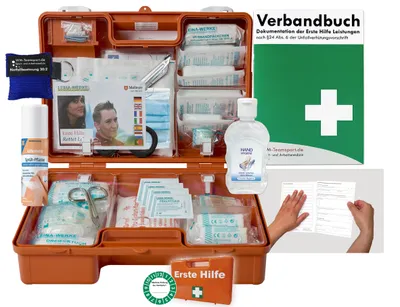 Produktbild von Verbandskasten (M) Typ CSN - Erste Hife nach aktueller DIN 13157 für Betriebe INKL. VERBANDBUCH + Hygiene-Gel, Notfallbeatmungshilfe, Sprühpflaster