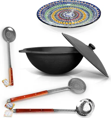 Produktbild von Gusseisen Uzbekisch Kazan 22L Deckel Schaumlöffel WOK Lagan Казан Namangan Kasan