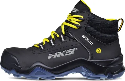 A black work boot with yellow laces and blue accents on a white background.
