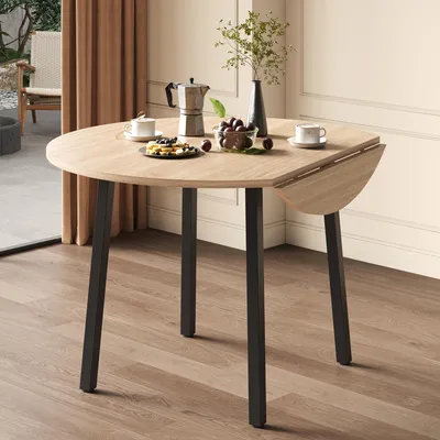 Productafbeelding van Uitklapbare eettafel, 100 x 100 cm, geschikt voor 2-4 personen, rond tafelblad, metalen poten, eikenkleur, ruimtebesparende klaptafel voor kleine appartementen