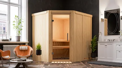 Produktbild von Karibu Sauna Innensauna Siirin Eckeinstieg Ofen 9 KW externe Strg easy 196x170x198 cm ohne Dachkranz mit Klarglastür