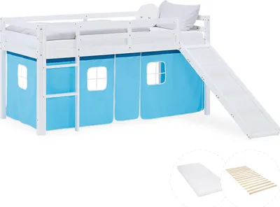 Image de Lit superposé 90x200 cm avec Toboggan Matelas Lit mezzanine en Bois Pin Massif Lit d'enfant Rideau Bleu Sommier