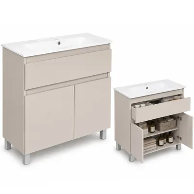 Produktbild von paplinskimoebel Badezimmermöbel Waschbeckenunterschrank + Waschbecken Matt Kaschmir - Holzkorpus Toilettenschrank Schublade Gästebad Türen Beine 80 cm