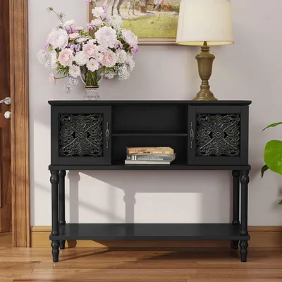 Immagine prodotto di Tavolino consolle stretto con ripiani, tavolino ausiliario, tavolino d'ingresso, tavolino da divano, colore nero, dimensioni 107x36x86 cm