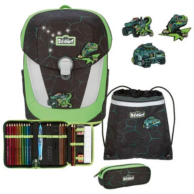 Produktbild von Scout Schulranzen LED Sunny II Set 5-teilig Dino Hunter dunkelgrau