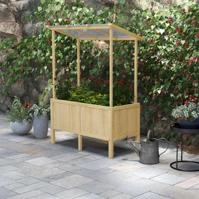 Produktbild von Hochbeet mit Polycarbonat-Dach, Frühbeet Pflanzkasten Tannenholz, Vliesauskleidung, Naturholz | 110x60x152 cm | 160 L | Drainagelöcher