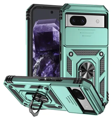 Immagine prodotto di Custodia per Google Pixel 8A a doppio strato con copertura scorrevole per la fotocamera e supporto ad anello verde