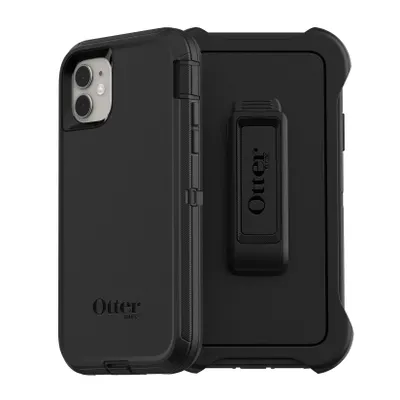 A black OtterBox Defender Series case for an Apple iPhone 11 is shown with a belt clip attached.