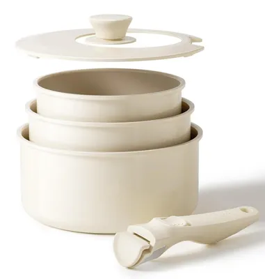 Productafbeelding van Kookset met afneembare handgrepen, antiaanbakkerige keramische coating, 16/18/20 cm, 3-in-1 deksel, geschikt voor inductie, ovenbestendig, beige