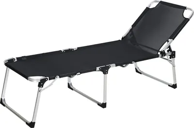 A black and silver folding lounge chair on a white background.