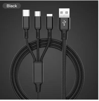 Produktbild von 3in1 Ladekabel Universal Handy für Apple iPhone Samsung Huawei Lenovo Xiaomi Micro USB Typ C Laden Länge 1.8m - Schwarz