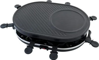 A black oval raclette party grill with a ribbed surface and a flat circular surface, shown from a slightly elevated angle on a white background.