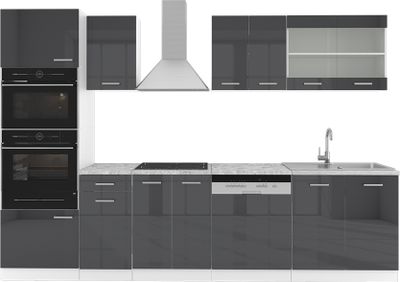 Vicco kuchynská linka R-Line, 300 cm s vysokou skrinkou, bez pracovnej dosky, antracit vysoký lesk/biela
