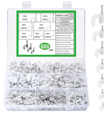 Productafbeelding van 600 Stuks Kabelklemmen, Nagelklemmen, Kabelclips, Wit, Met Spijkers