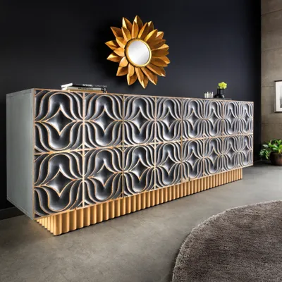 Produktbild von riess-ambiente Handgefertigtes Sideboard PIAZZA SAN MARCO 180cm grau gold Mangoholz massiv 3D-Design Kommode Schrank