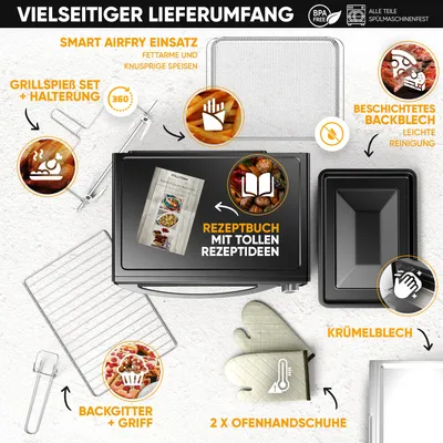 Produktbild von Stillstern Minibackofen mit Umluft 45L (DE Version) Pizza Ø32, CYCLONE PRO+ Antihaftbeschichtung, Auftauen, 2h Timer, Camping Mini Backofen Umluft Pizzaofen Mini Ofen klein Hähnchengrill mit Drehspieß