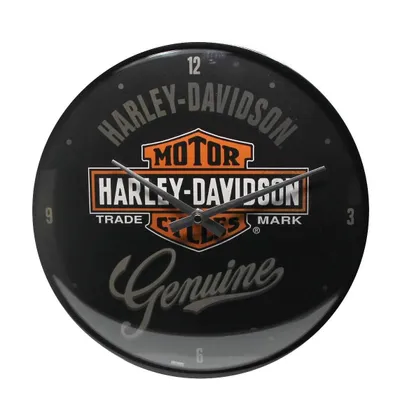 A round wall clock with the Harley-Davidson logo and branding.
