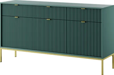 Produktbild von BETTSO Groß Geriffelt Kommode 3 Türen und 3 Schubladen Highboard Goldgriffe Glamour NOVA 154 cm Grün auf Goldbeinen