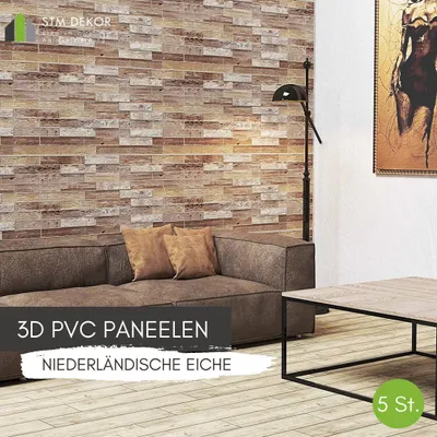 Produktbild von 3D-Wandpaneele PVC | Holzoptik | Niederländische Eiche - 5 Platten - 2.5 m² | Für Wohnzimmer, Küche & Bad | Einfache DIY-Montage