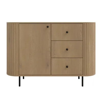 Image de AX LIVING Commode Halay chene Cremona, 1 porte et 3 tiroirs Structure rainurée moderne 123 cm