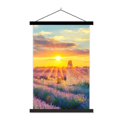 Produktbild von MuchoWow® Textilposter Lavendel - Sonnenuntergang - Ruine - Lila 40x60 cm mit schwarzem Rahmen - Wanddekorationen