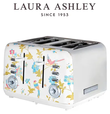Image de Grille-pain Laura Ashley 4 tranches avec réglage de brunissage, support chauffant et fonction décongélation, motif Elveden White