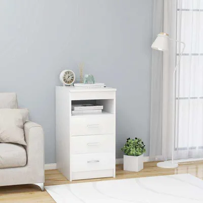 Immagine prodotto di Comodino – Mobiletto da notte bianco con 3 cassetti, dimensioni compatte e finitura in legno e pannello