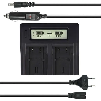 Produktbild von Dual Akku-Ladegerät kompatibel mit Panasonic CGA-S101E - mit USB-Anschluss, LCD-Display und Kfz-Ladekabel - Schnellladegerät
