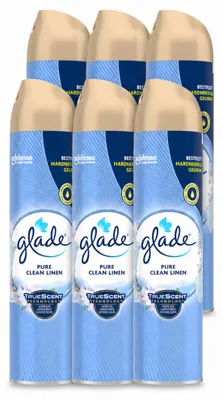 Imagen del producto de 6 aerosoles ambientadores Glade, aroma "Clean Linen", 300 ml cada uno. Paquete económico de 6 unidades