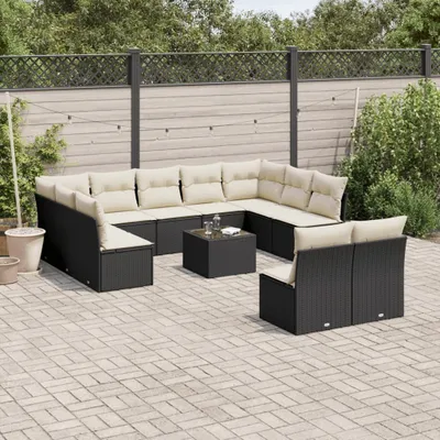 Produktbild von Design 12-tlg. Garten-Sofagarnitur mit Kissen Schwarz Poly Rattan, Gartenmöbel-Sets 2024 Neu