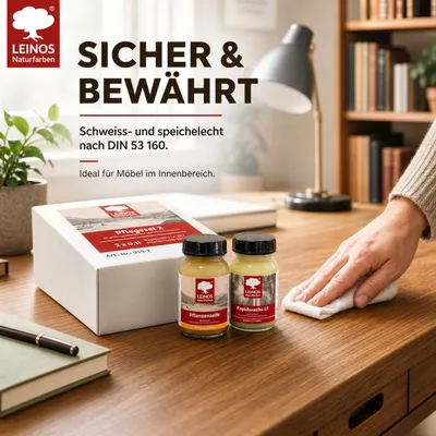 Produktbild von LEINOS Pflege-Set je 0,1 l für geölte & gewachste Möbel, Seife & Wachs, KI-generiertes Bild