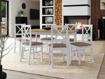 Obrázok produktu pre Rozkladací jedálenský stôl 140 cm so 6 stoličkami ADELBITE 3 - dub artisan / biely / hnedý 1
